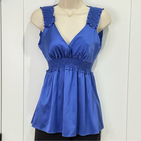 BCBGMaxAzria Silk Babydoll Tank Top Satin Blue Smocked XS Y2K Vintage Party Chic - Picture 2 of 11
